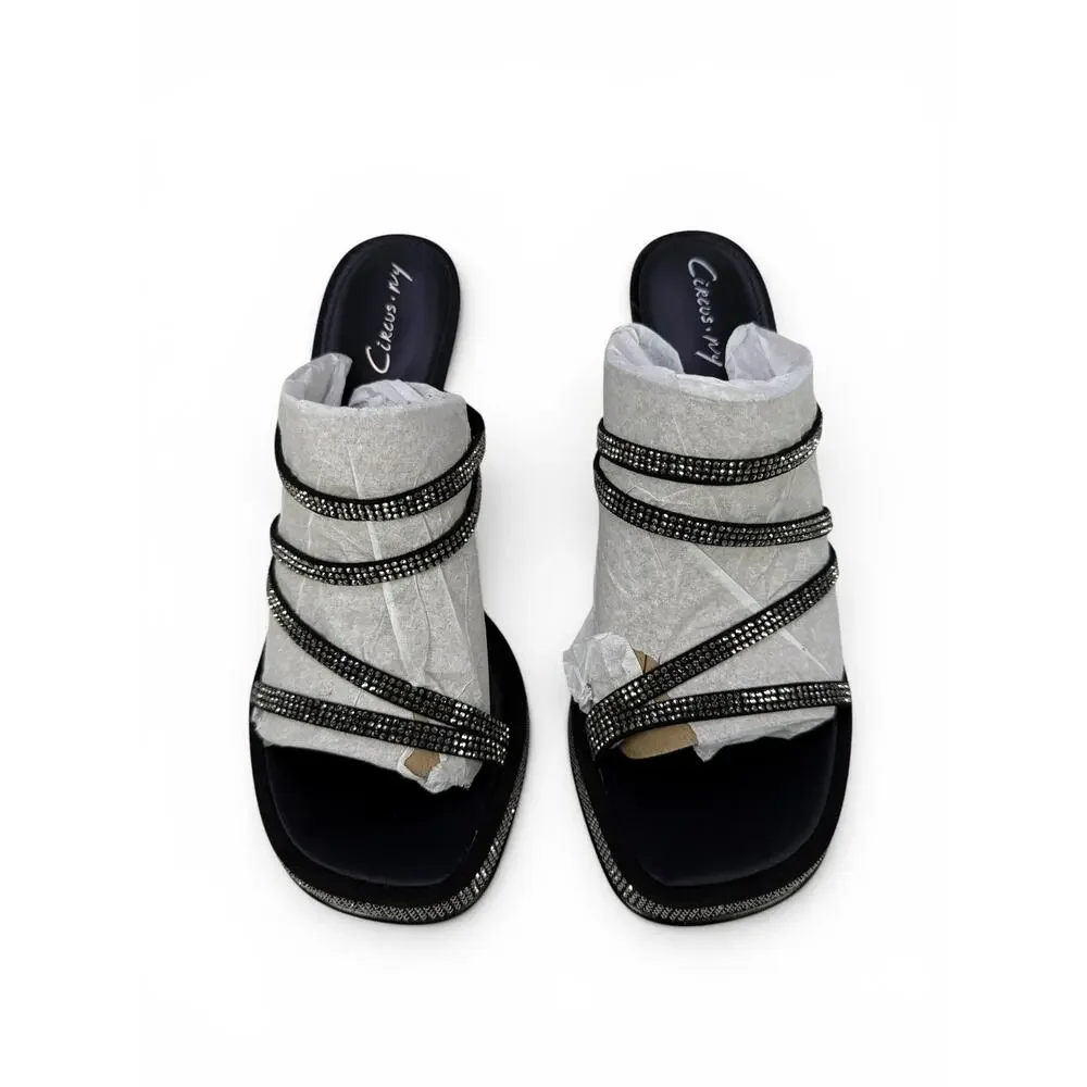 Circus by Sam Edelman Sandals‎ Womens 8 Black Strappy Rhinestones Block Heels